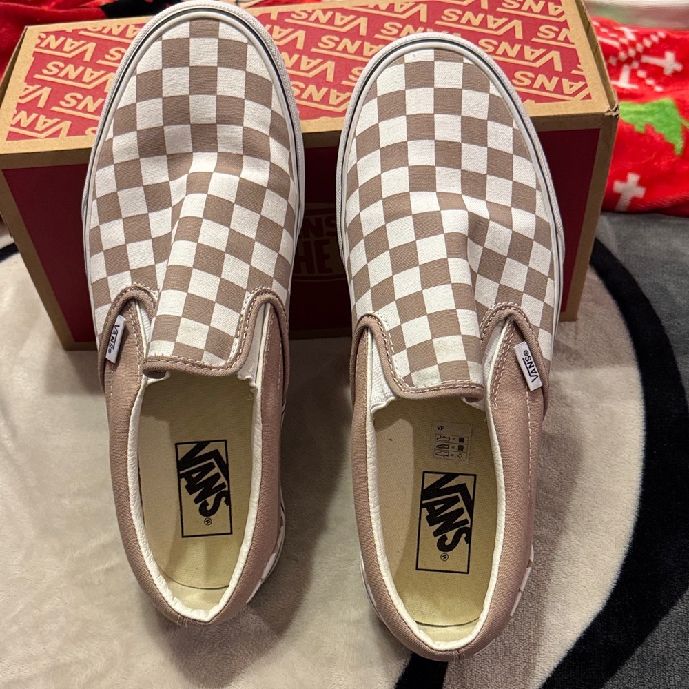 Vans Beige and White Checkered Slip-Ons